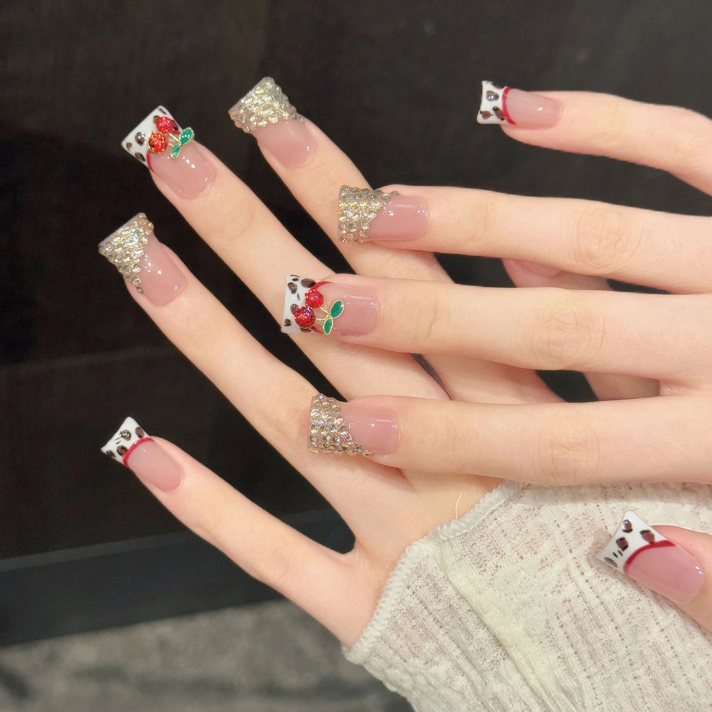 10pcs Short Duckbill Press On Nails – 3D Cherry French Leopard Y2K
