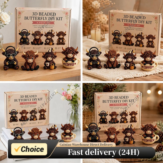 3D DIY Beaded Animal DIY Kit 4PCS Cute Highland Cow Beading Craft Set Animal Beading Kit Gift for Beginners & Craft Enthusiasts Peaceful Pleasures Health and Wellness