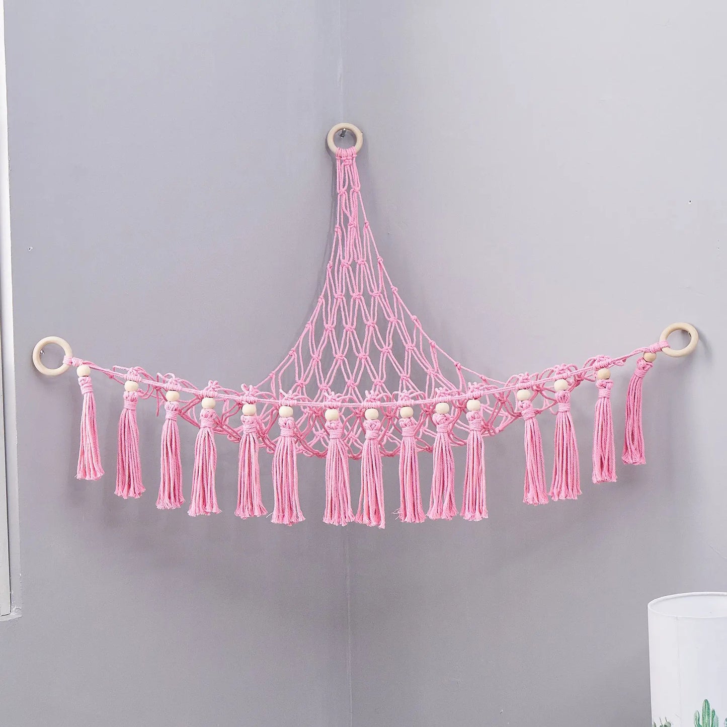 Triangle Wall Hanging Toy Net Pouch Children Room Storage Organizer Knitted Plush Toy Hammock Net Peaceful Pleasures Health and Wellness Pink B 90x90x95