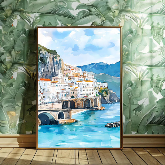 Watercolor Amalfi Coast Italy Canvas Wall Art | Coastal Print Canvas Wall Art Peaceful Pleasures Health and Wellness