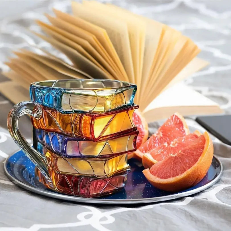 3D Stacked Books Glass Coffee Mug | Novelty Book Lover Gift