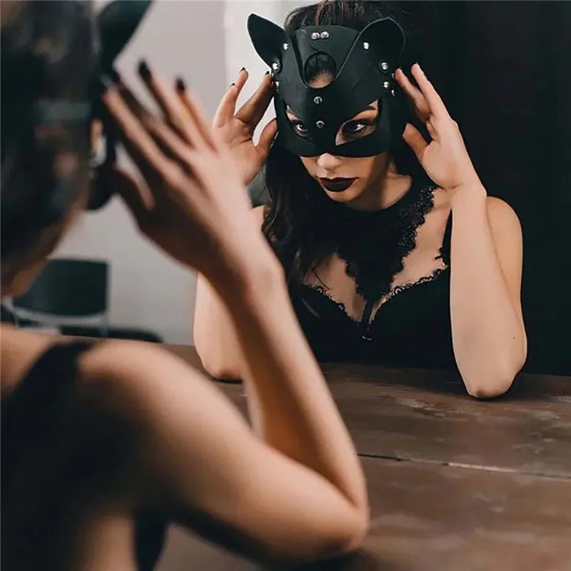 PU Leather Half Face Cat Fox Mask | Halloween Cosplay Party