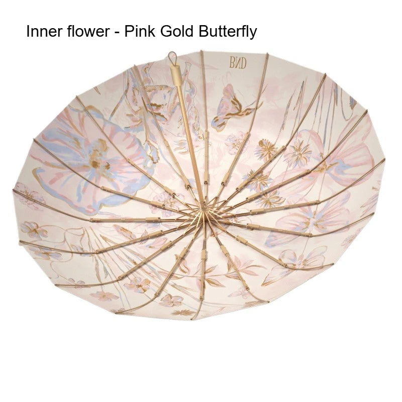 1pc Fresh Style Dual-use Sun Umbrella Anti-UV Sunscreen Rainproof Portable Sunshade Parasol Peaceful Pleasures Health and Wellness Pink Gold Butterfly 16K metal-fiber composite