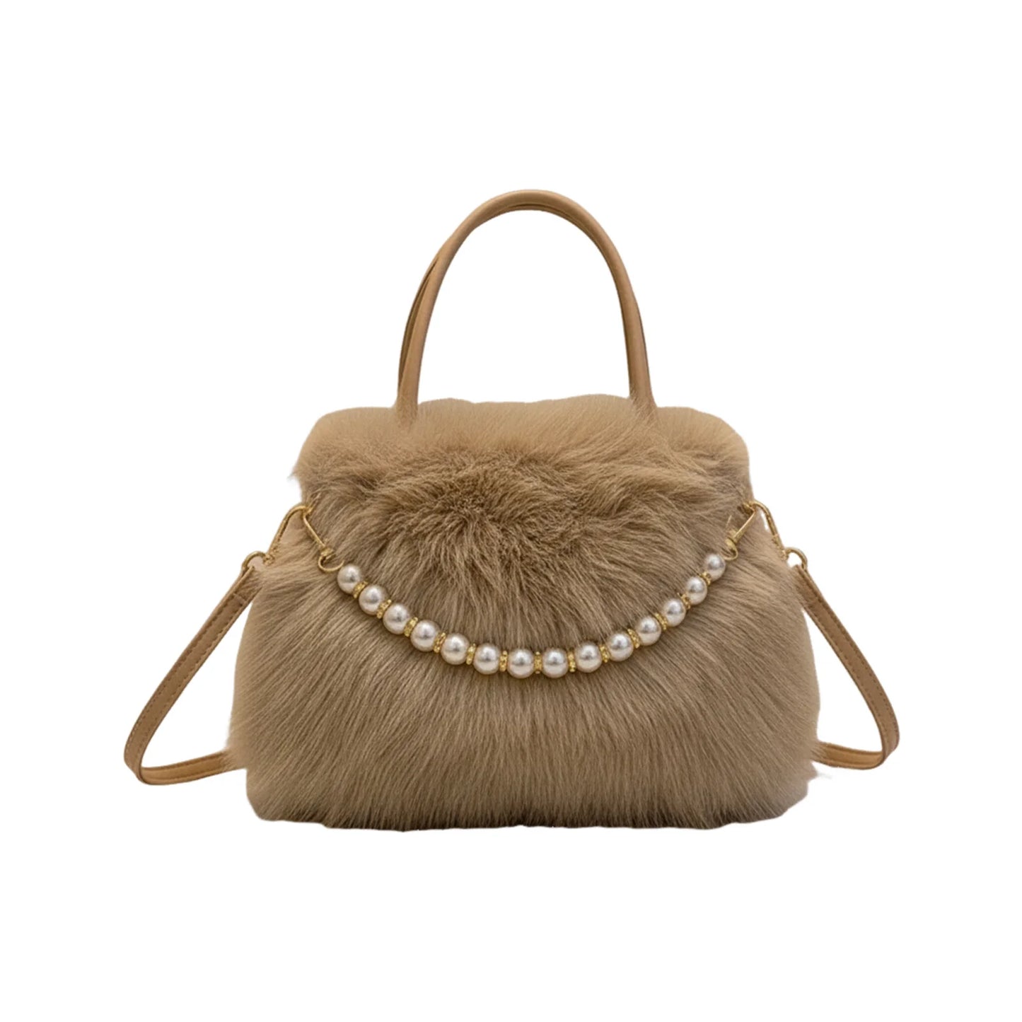 Women's Faux Fur Beaded Handbag Small Square Design Versatile Commuter Crossbody Bag Peaceful Pleasures Health and Wellness Khaki