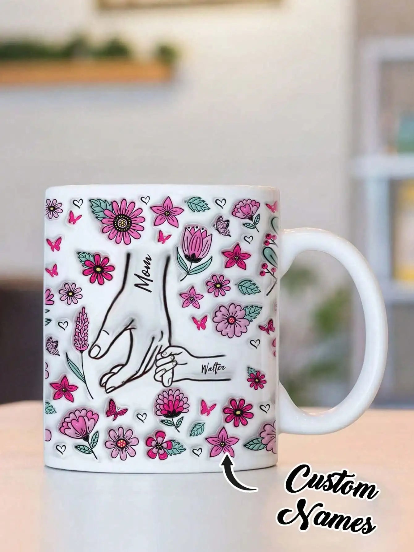 Custom Mom Name Mug Personalized Kids Names Flower Coffee Cup Mothers Day Gift for Mom Grandma Birthday Gift Peaceful Pleasures Health and Wellness