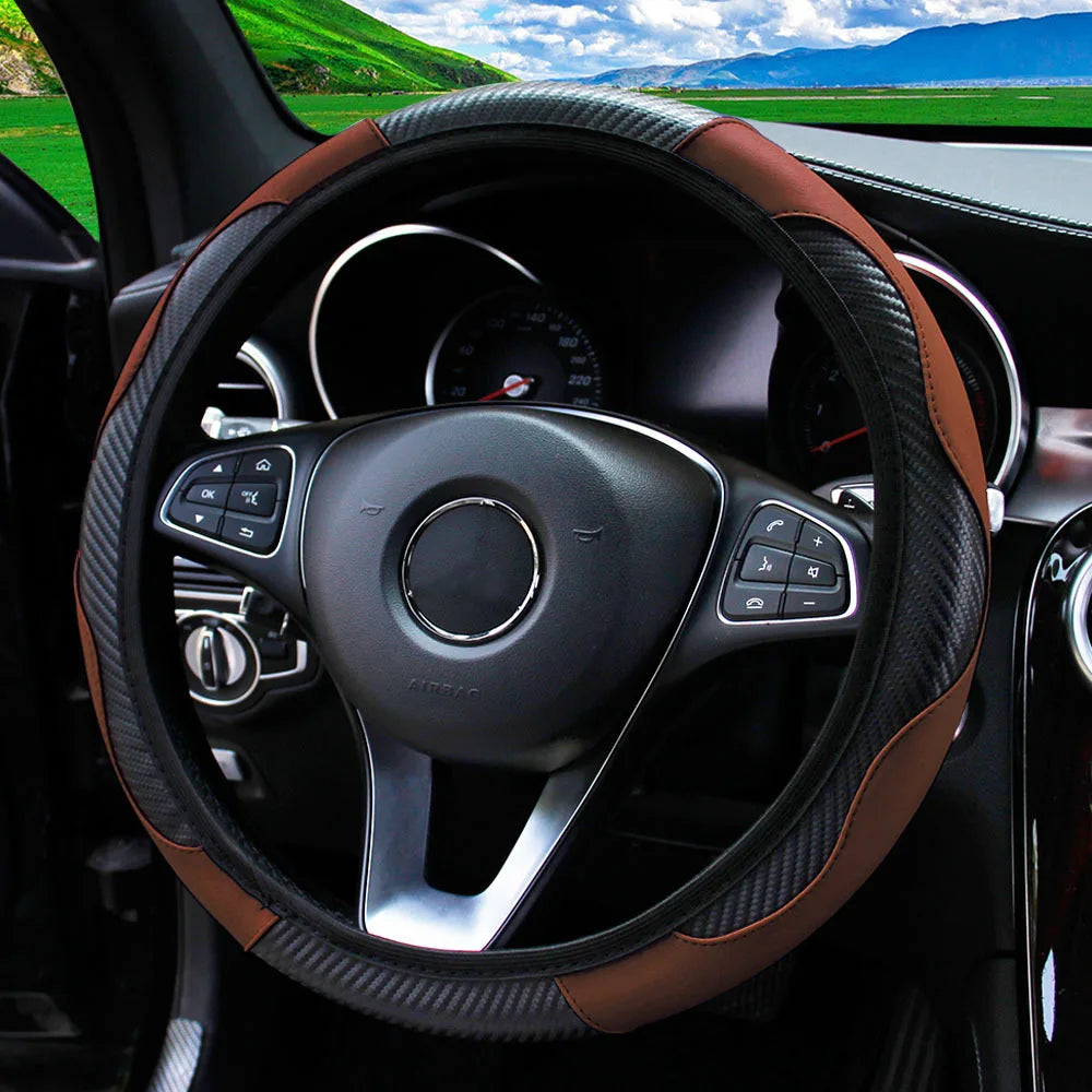 37-38cm Carbon Fiber PU Leather Steering Wheel Cover Anti-Slip
