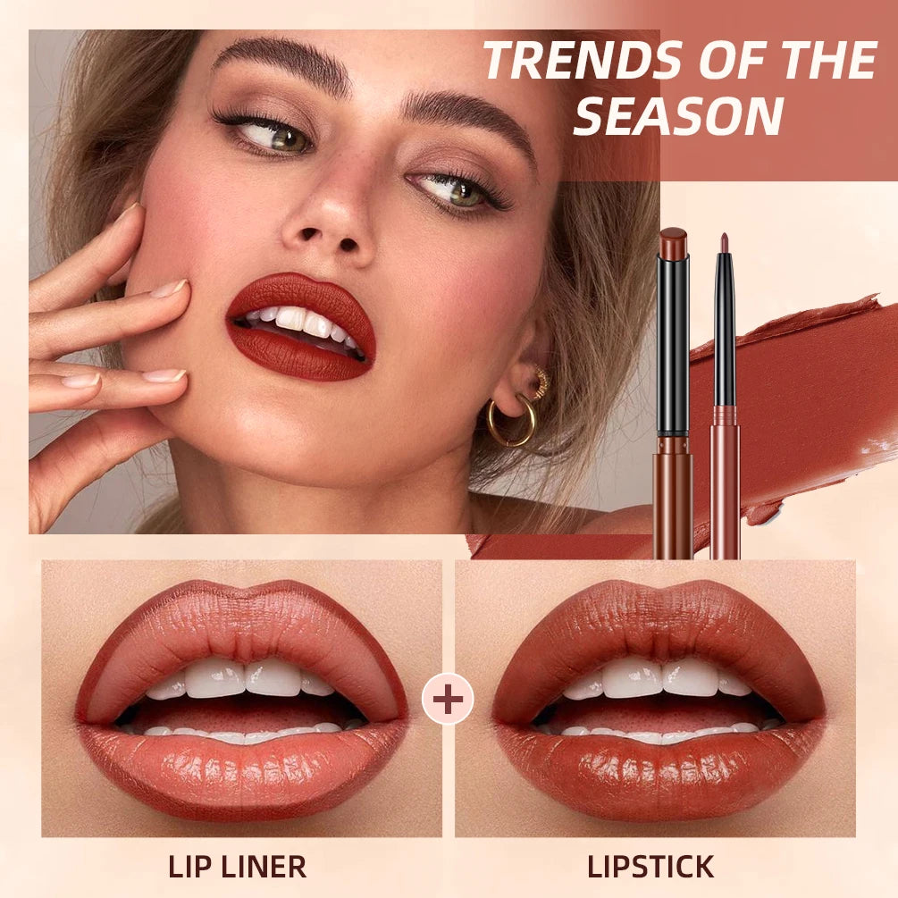 QIBEST 2pcs Lipstick Lipliner Pen Set Matte Velvet Lip Liner Pencil Contour Makeup Sexy Red Lip Stick Long Lasting Cosmetics Peaceful Pleasures Health and Wellness