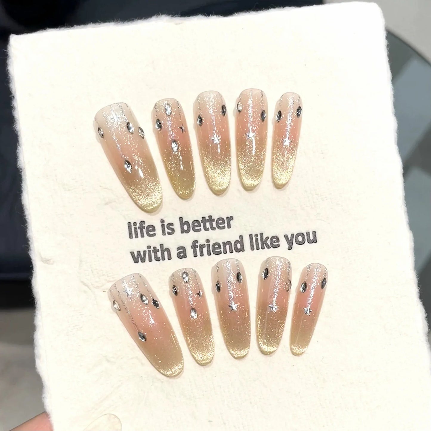 Handmade Press-On Nails | Almond Cat's Eye French Tip 3D Art