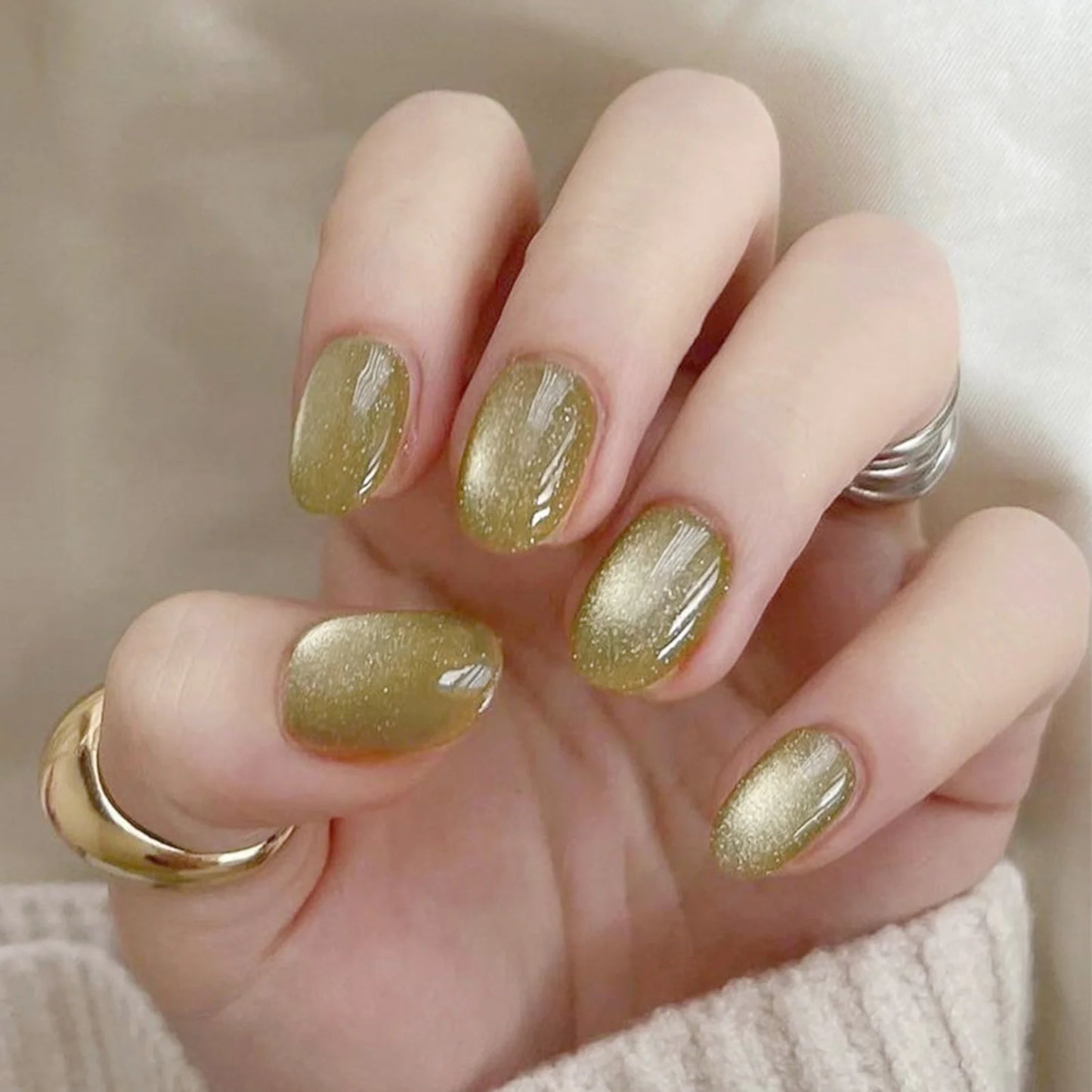24pc Nude Pink Cat Eye Almond Press On Nails | Korean Style