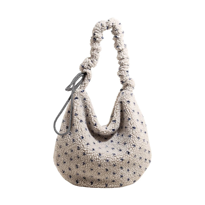Korean Fashion Faux Fur Crossbody Bags for Women Trendy Large Capacity Sweet Polka Dot Versatile Tote Bag Fashionable Versatile Peaceful Pleasures Health and Wellness Beige 38x32x3