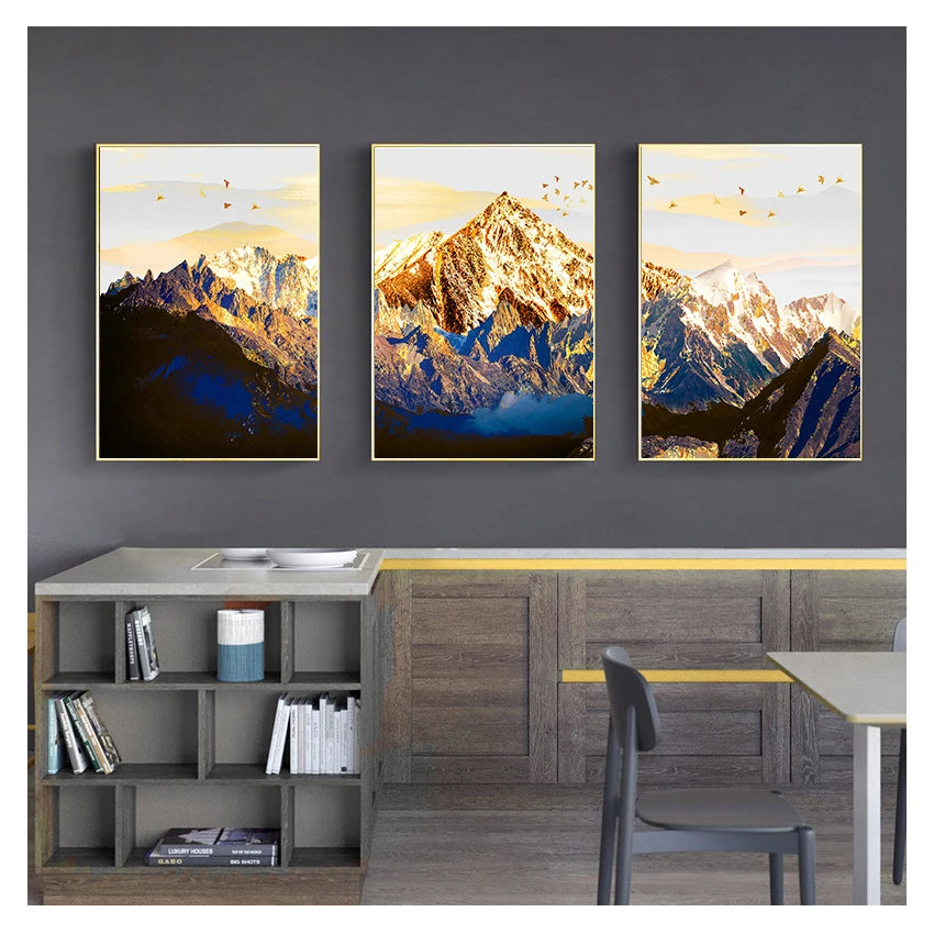 Landscape Map Canvas Painting Art Print Poster Picture Wall Nordic Decorative Home Decor Golden Abstract Snow Mountain Peaceful Pleasures Health and Wellness