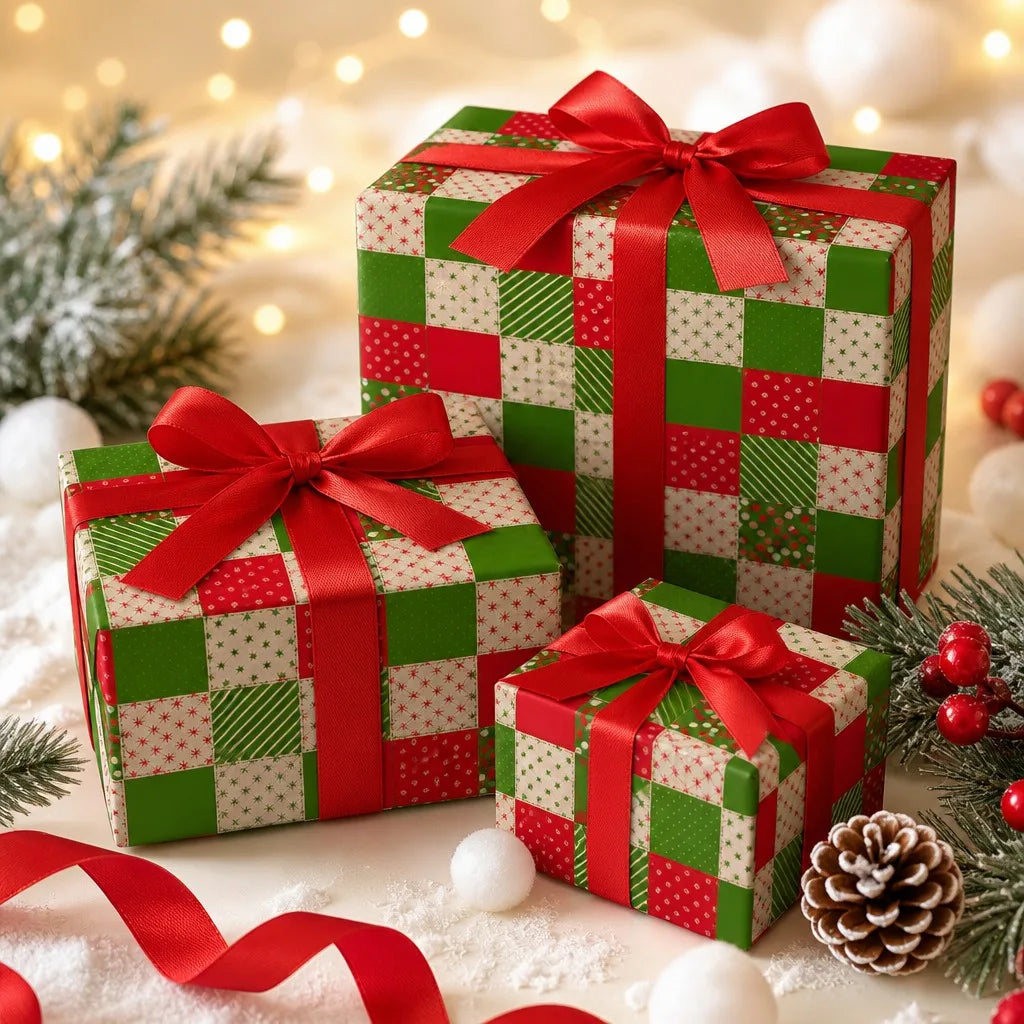 Christmas Wrapping Paper Roll Patchwork Plaid Red Green Kraft Design