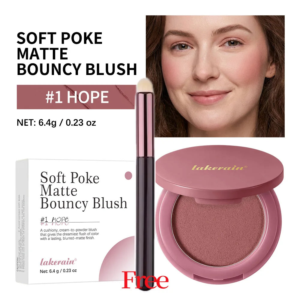 Soft Poke Bouncy Blush&Free Brush Soft Velvety Matte Finish Nude Makeup Monochrome Beginner Women's Blush Palette Cosmetic Peaceful Pleasures Health and Wellness 01 Hope
