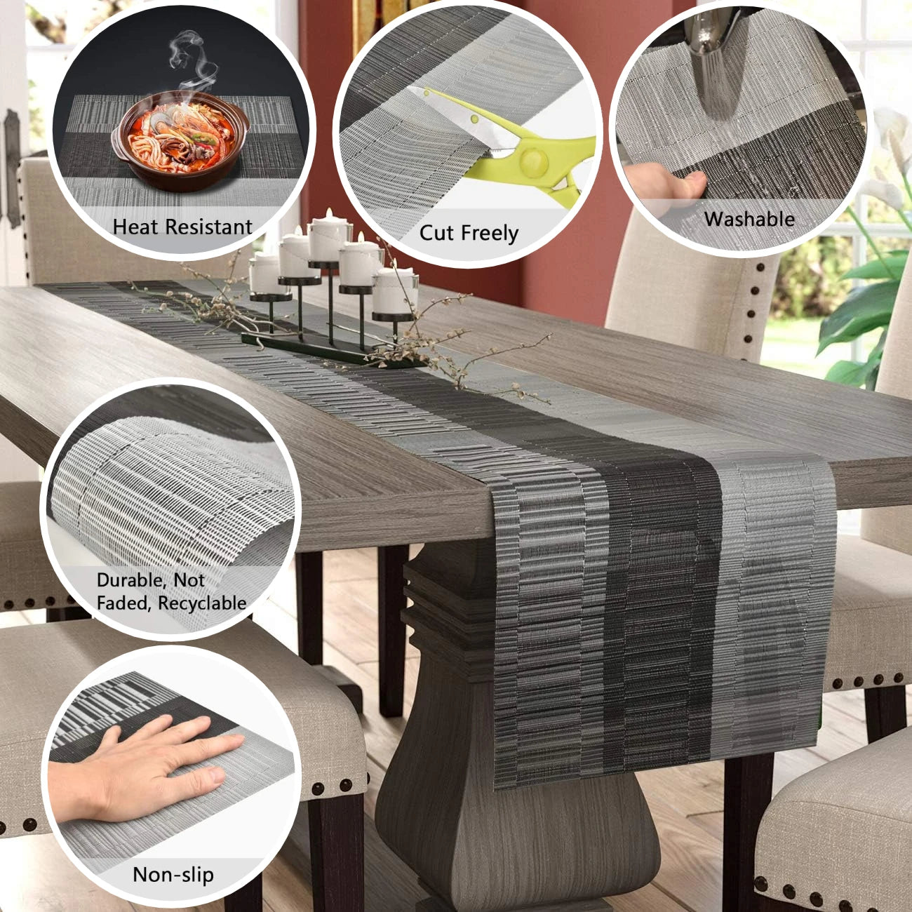 PVC Placemats Set Washable Dining Table Mats Set Tear-proof Heat Resistant 6 x Place Mats 6 x Coasters and 1 x Table Runner Peaceful Pleasures Health and Wellness