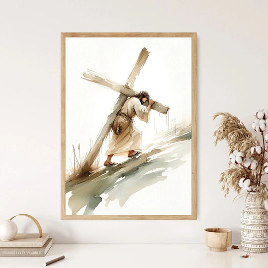 Jesus Carries Cross Christian Canvas Wall Art Print | Decor Religious Canvas Print Peaceful Pleasures Health and Wellness G4043 21x30cm Unframed