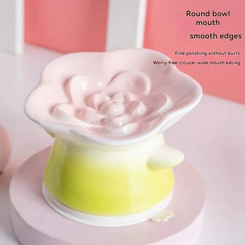Elevated Ceramic Cat Bowl | Flower Shape Anti-Slip Tilted Feeder