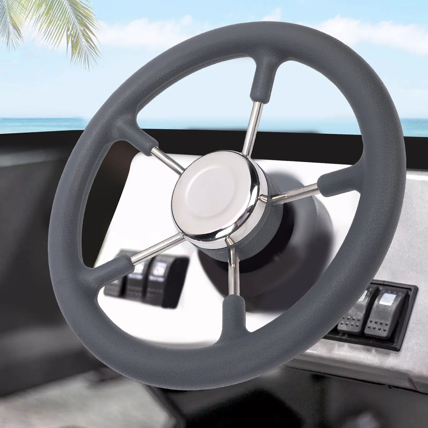 13" Stainless Steel Boat Steering Wheel | 5-Spoke Foam Grip