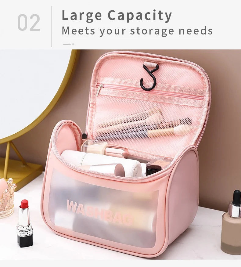 Large Travel Makeup Bag – PU Leather Cosmetic Organizer w/ Handle