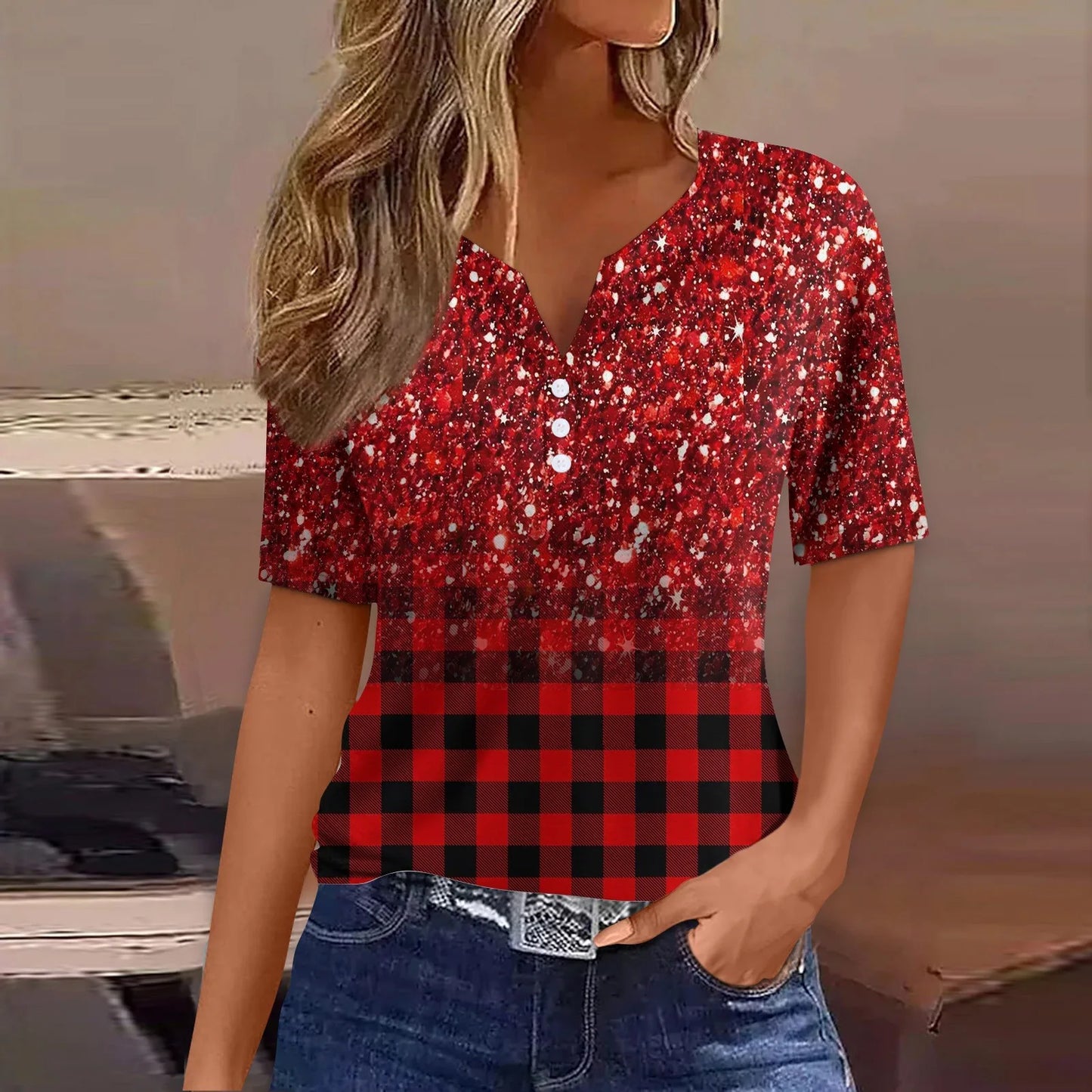 2024 Summer Patchwork T-Shirts Button Tops Womens Casual Short Sleeve Loose Ladies V-Neck Female Street Clothes Pullover Peaceful Pleasures Health and Wellness Wine S