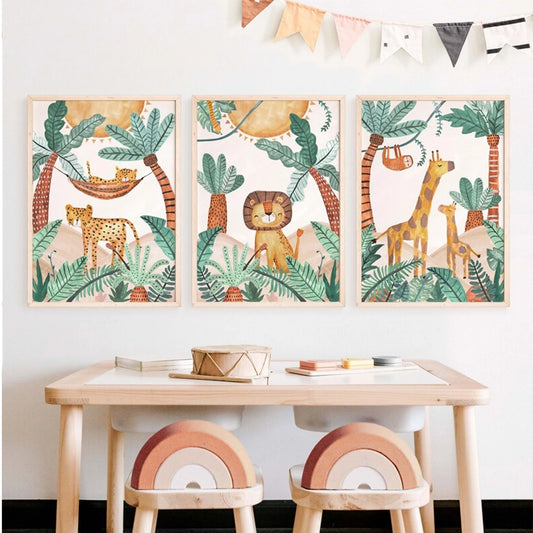 3-Piece Cartoon Jungle Canvas Wall Art Print | Home Decor Canvas Wall Art Set Peaceful Pleasures Health and Wellness G5370-3pcs 40x60cm Unframed