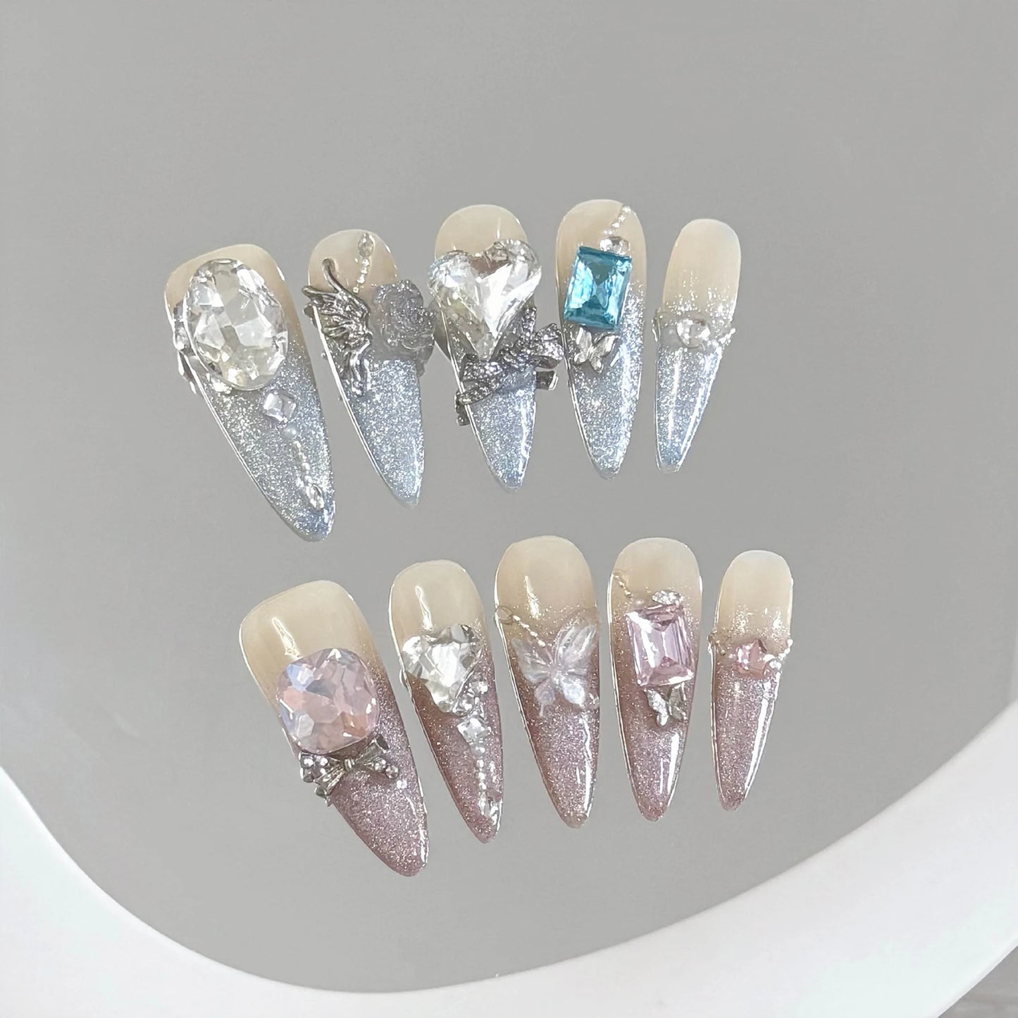 Long Ballet Press-On Nails Pink Bow Glitter French Cat Eye 10pcs