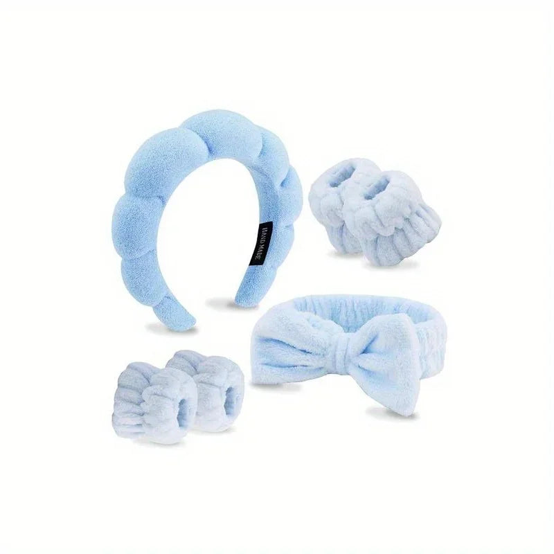 4-Piece Bow Headband & Wristband Set – Spa & Makeup Hair Accessories for Women Peaceful Pleasures Health and Wellness Blue
