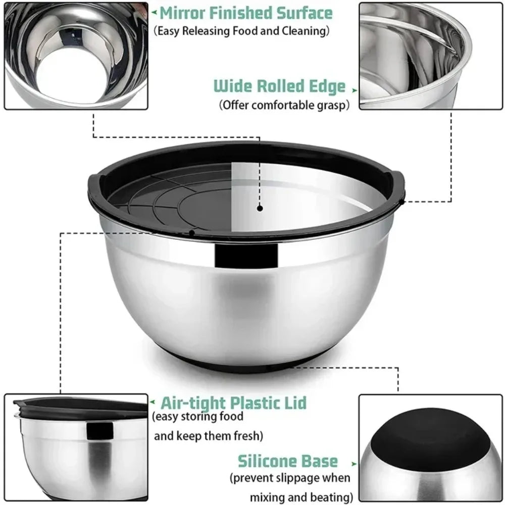 Stainless Steel Mixing Bowl with Lid – Non-Slip Silicone Bottom Salad & Egg Beating Bowl for Kitchen