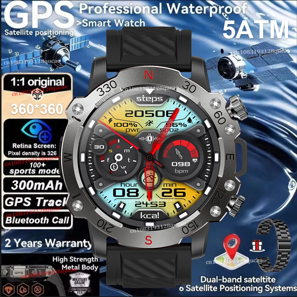 New Dual-Band GPS Military Smart Watch 5ATM Water-Resistant 300mAh Battery Compass GPS Sport SmartWatch Men For Android IOS 2025 Peaceful Pleasures Health and Wellness Black Steel