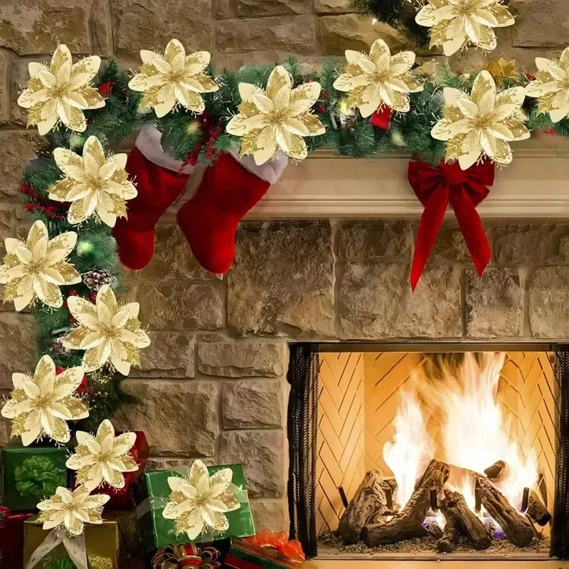 Glitter Artificial Christmas Flowers with Clips – Xmas Tree Decor