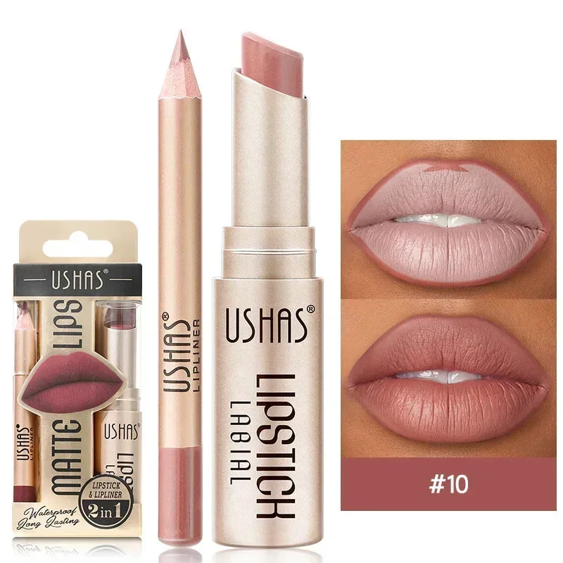 Professional 2 In 1 Lip Liner Lipstick Set Matte Finish High Pigment Long Lasting Waterproof Sweatproof Cosmetic Beauty Makeup Peaceful Pleasures Health and Wellness S10