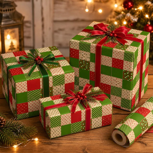 Christmas Wrapping Paper Roll Patchwork Plaid Red Green Kraft Design Peaceful Pleasures Health and Wellness
