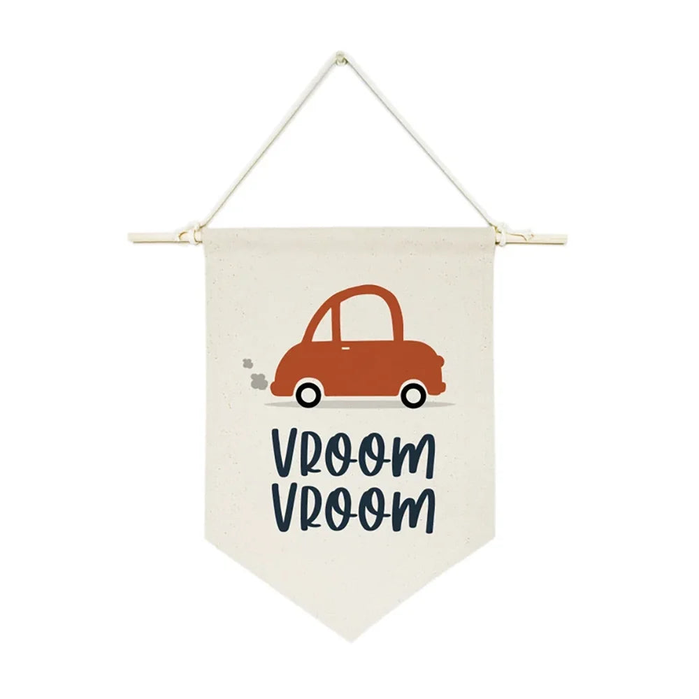 Vroom Vroom Canvas Pennant Banner – Kids Nursery Wall Decor Canvas Pennant Banner Peaceful Pleasures Health and Wellness Banner 1pcs 27.5x30cm