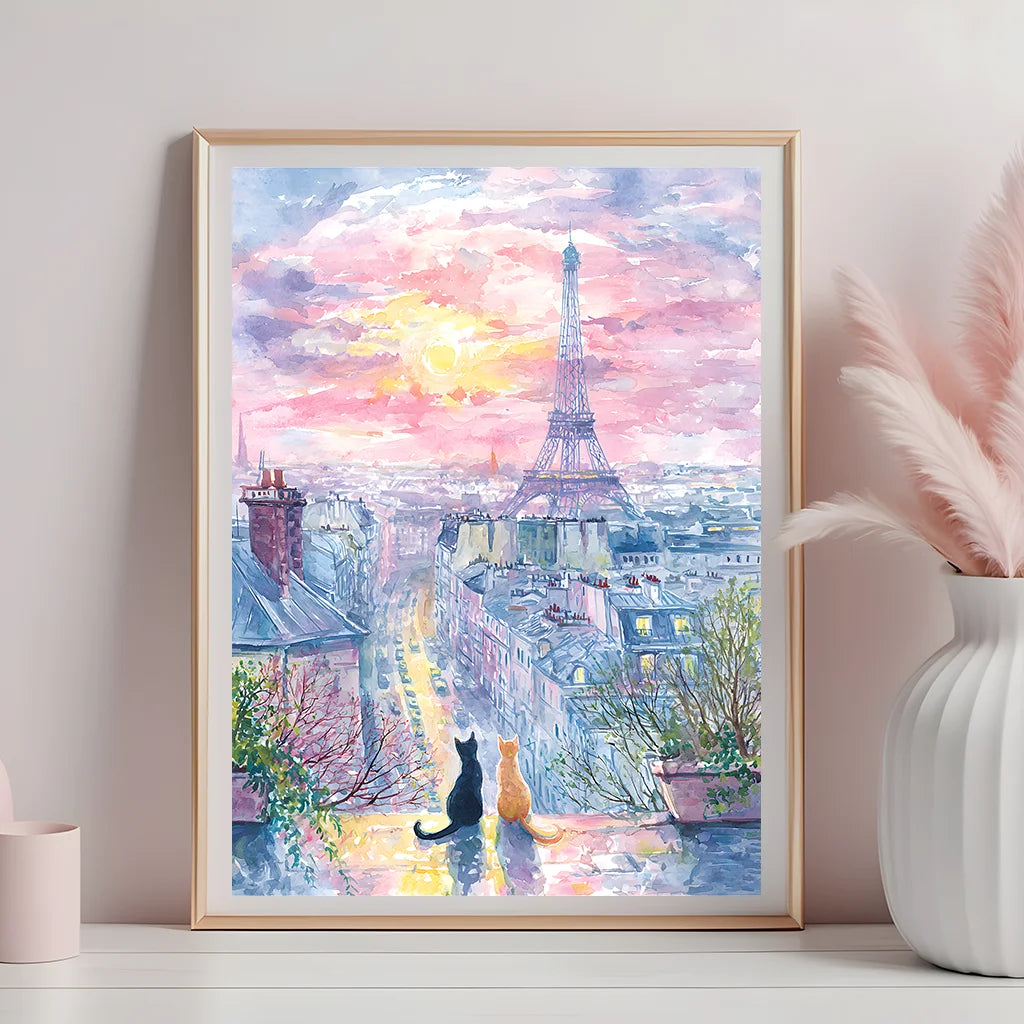 Animal Landscape Wall Art, Paris Eiffel Tower Cat Canvas Painting, Nordic Pastel Poster Print for Bedroom Living Room Wall Decor Peaceful Pleasures Health and Wellness