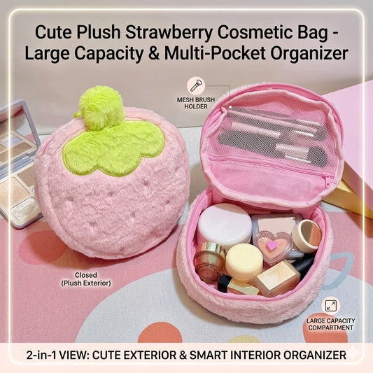 Plush Strawberry Makeup Bag | Large Travel Cosmetic Organizer Travel Cosmetic Bag Peaceful Pleasures Health and Wellness