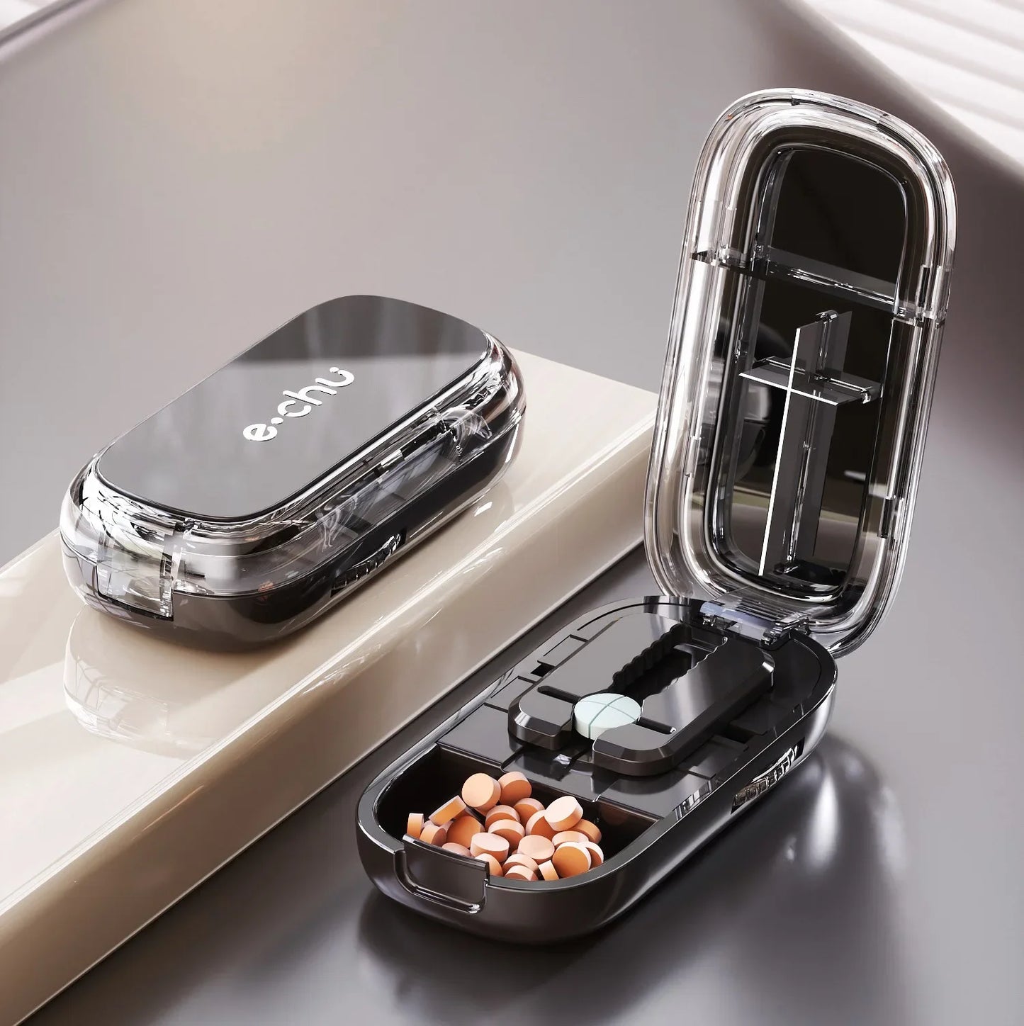 Multi- Functions Pill Cutter Portable Drug Tablet Storage Box 1/3, 2/1, 4/1 Pill Splitter Medicine Dustproof Divider Organizer Peaceful Pleasures Health and Wellness Quartering Black China Mainland