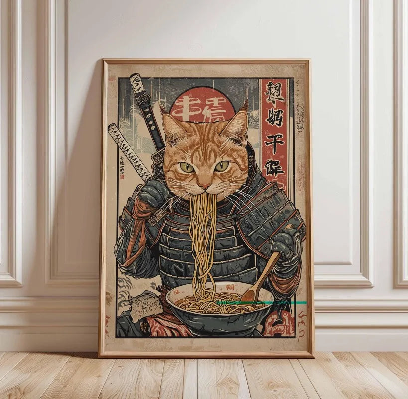 Black Cat Ramen Japanese Food Noodle Ginger Cat Poster Print Wall Art Pictures Canvas Painting Living Room Home Wall Decoration Peaceful Pleasures Health and Wellness TL2896 20x30cm Unframed