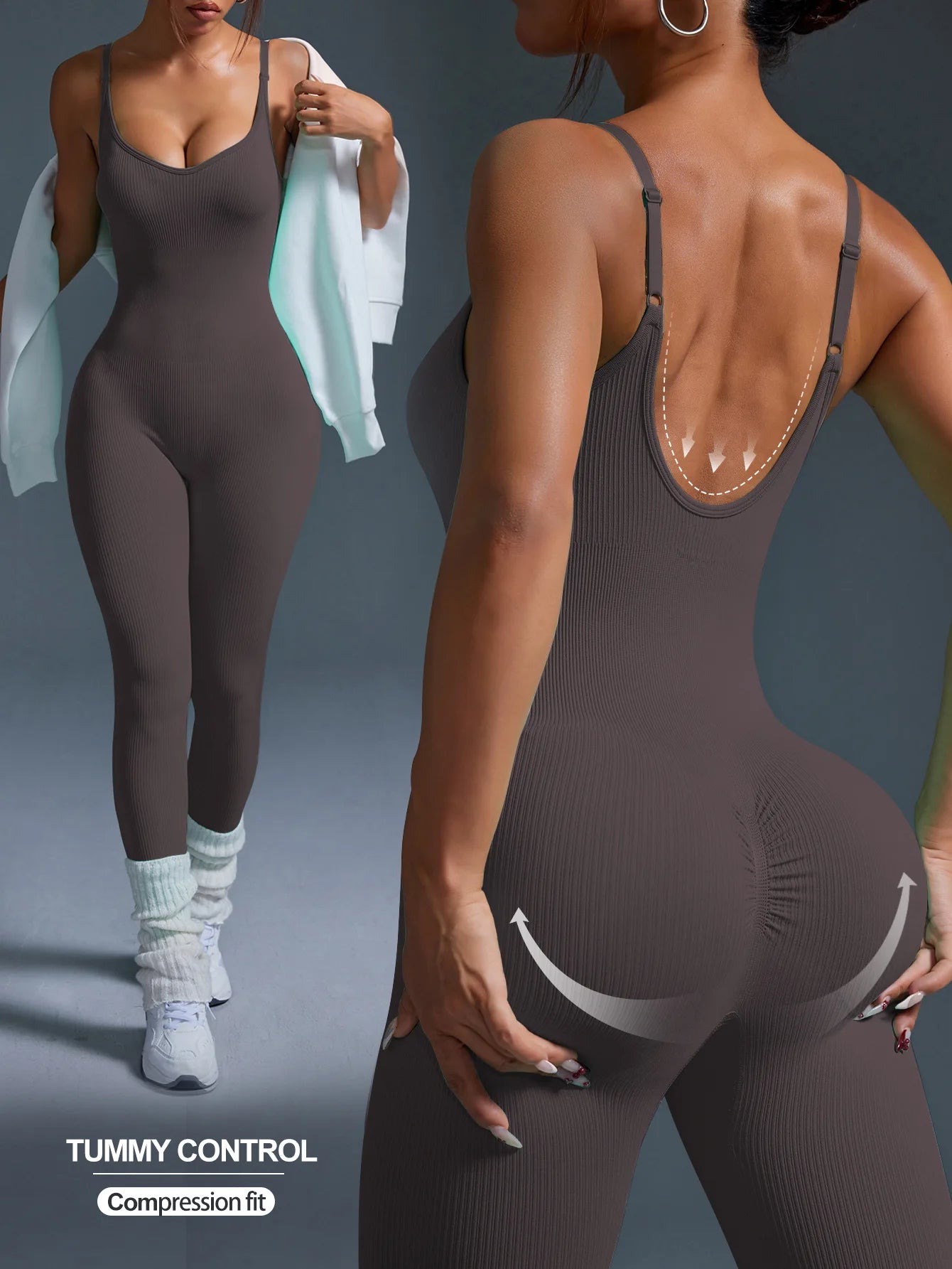 Women's Seamless Yoga Jumpsuit | Tummy Control & Butt Lifting Yoga Jumpsuit Peaceful Pleasures Health and Wellness Brown S
