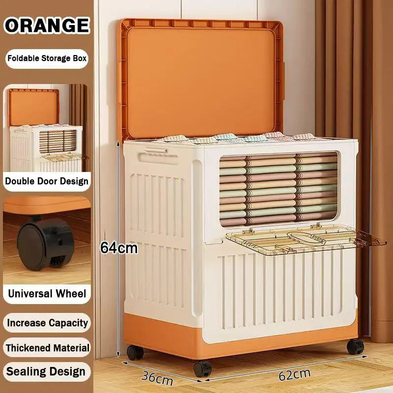 Foldable Plastic Storage Box with Wheels – Large Organizer Rolling Storage Box Peaceful Pleasures Health and Wellness Orange 2 Door
