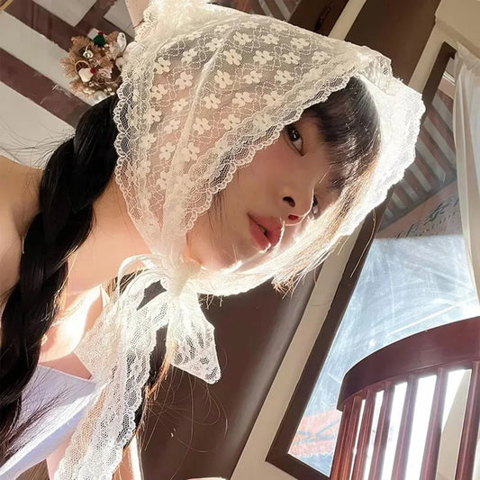 Elegant Lace Triangle Scarf for Women White Sweet Floral Design Breathable Thin Ribbon Artistic Style for Travel Photos Peaceful Pleasures Health and Wellness