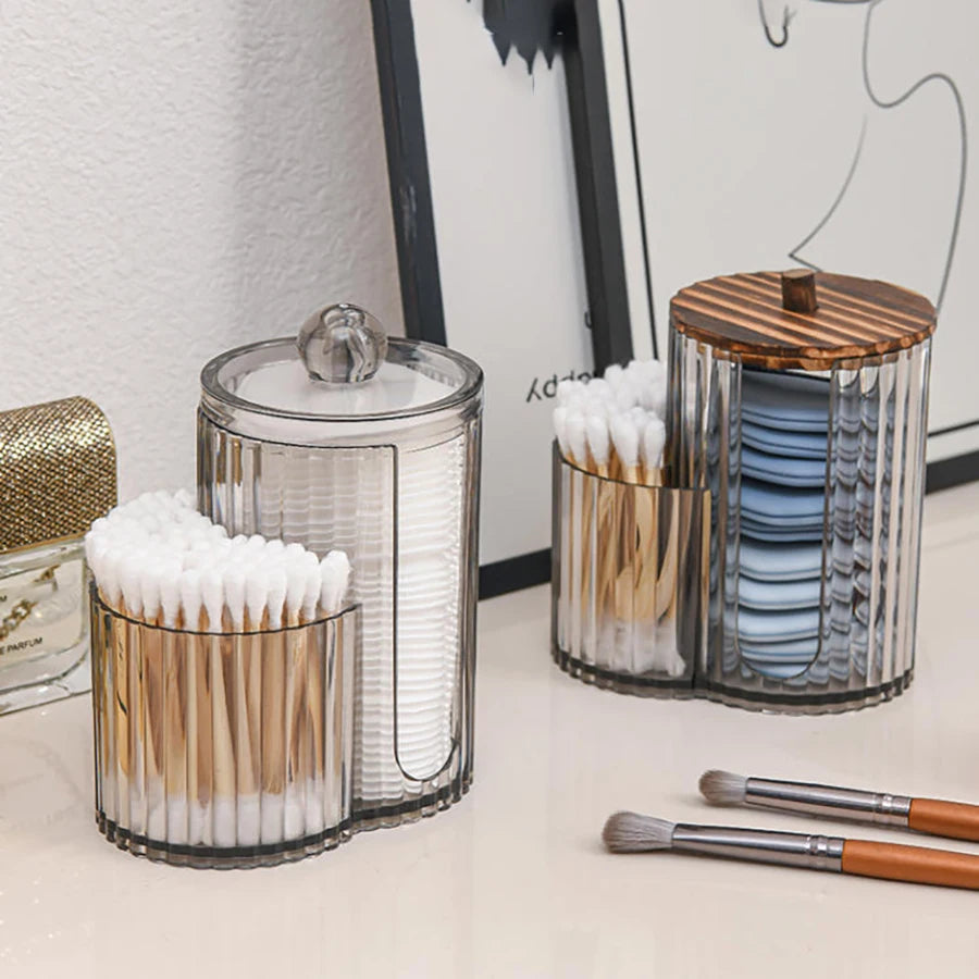 2-Grid Q-tip & Cotton Ball Dispenser Canister – Plastic Vanity Organizer for Cotton Swabs, Rounds & Pads