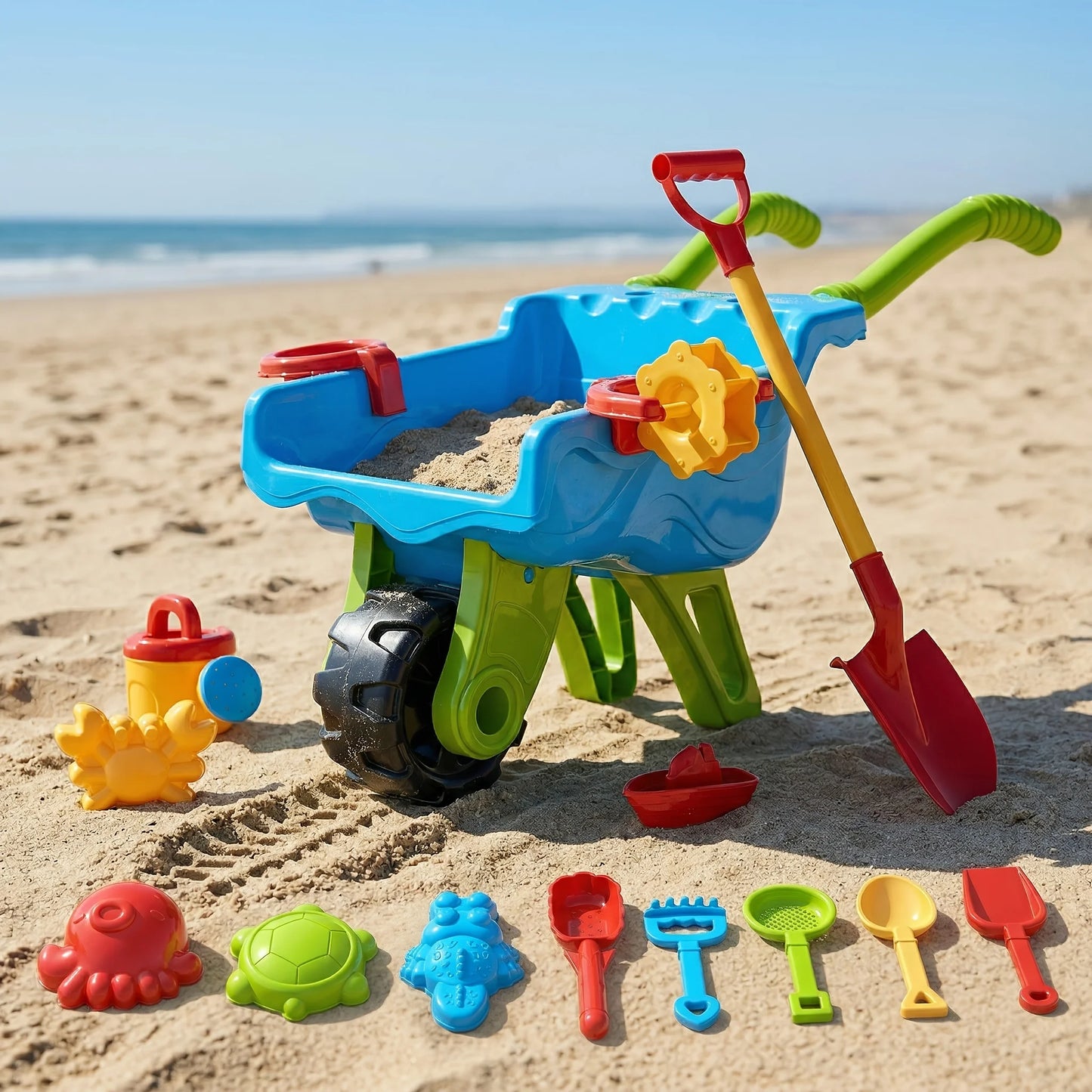 Kids Beach Sand Toy Set – Wheelbarrow, Water Wheel, Shovels & Molds