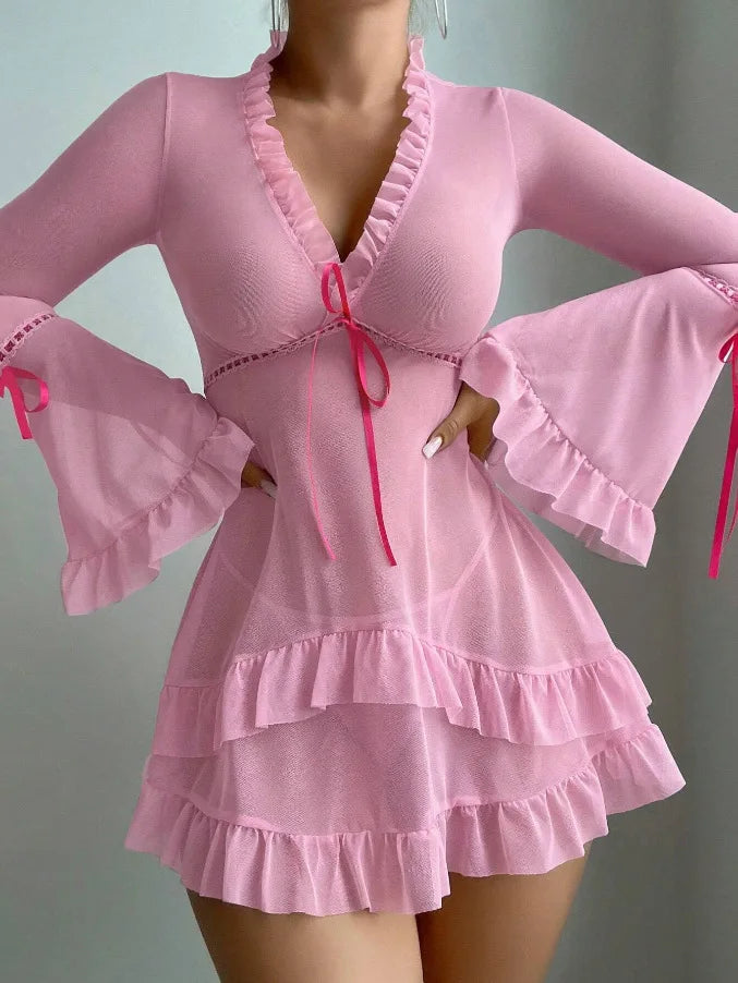 Printed Mesh Sheer Long-Sleeve Backless Mini Dress Set