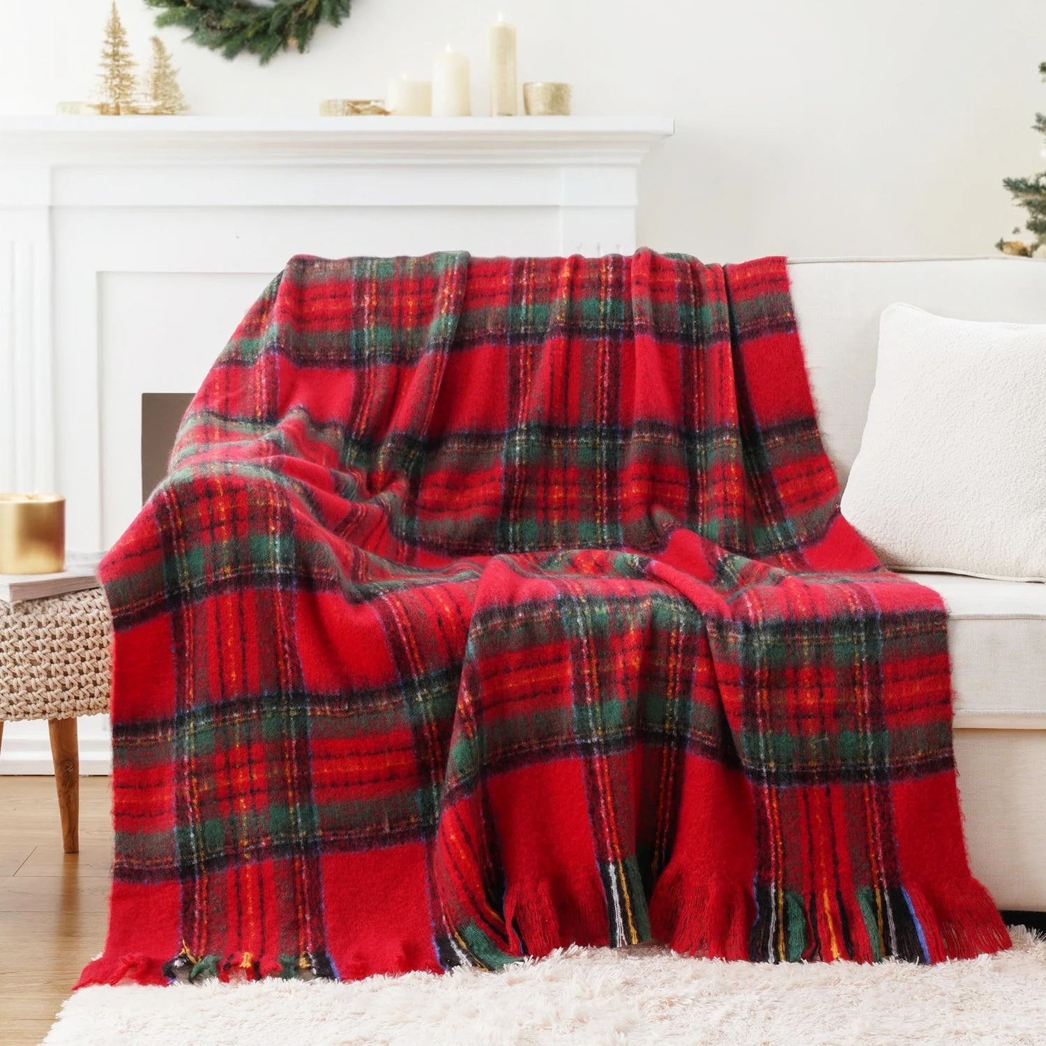 Battilo Plaid Throw Blanket for Home Decor, Colorful Mohair Tartan Plaid Blanket, Soft Cashmere Sofa Blankets,Fall Decor Throws Peaceful Pleasures Health and Wellness Christmas Red 127x152cm