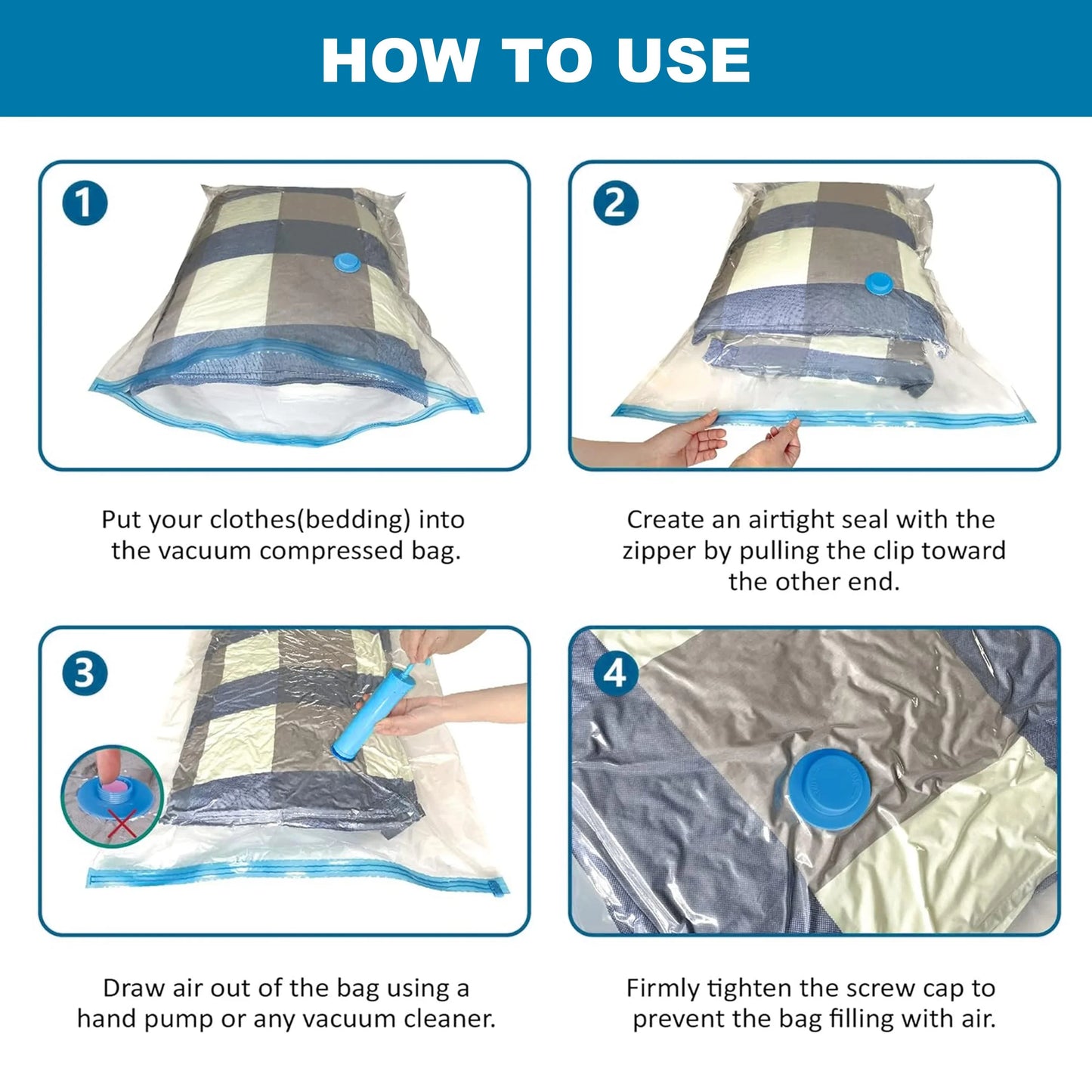 4-Pack Vacuum Storage Bags with Valve & Pump | Space-Saving