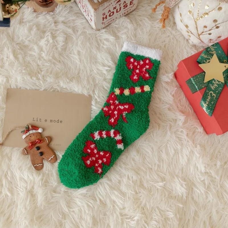 1 Pair of Coral Fleece Christmas Socks, Cute Elk Snowman Gift Socks, And Plush Mid Tube Men's And Women's Floor Sleeping Socks Peaceful Pleasures Health and Wellness Black Red One Size