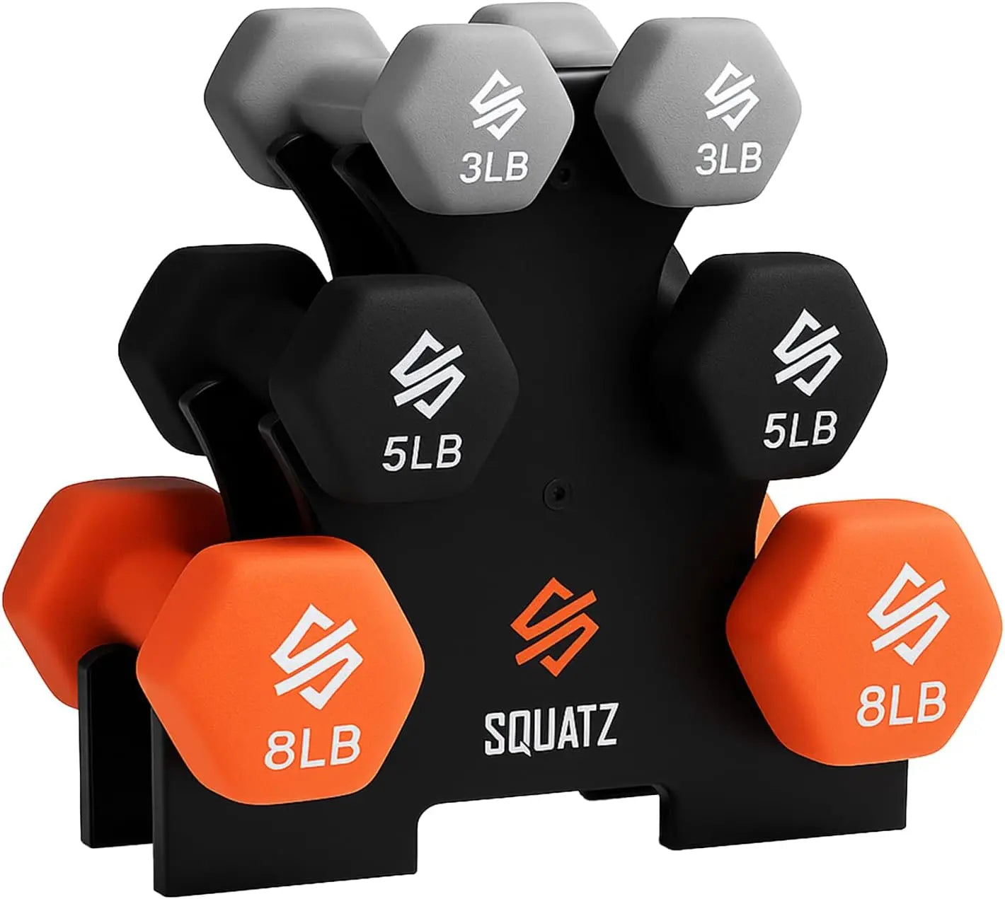 Set of dumbbells with different weight options on a white background, featuring the Squatz brand.