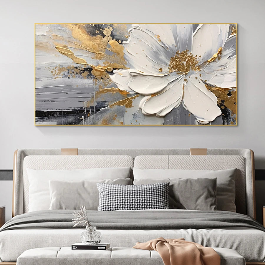 Large White & Gold Floral Canvas Wall Art Print – Unframed Canvas Wall Art Print Peaceful Pleasures Health and Wellness