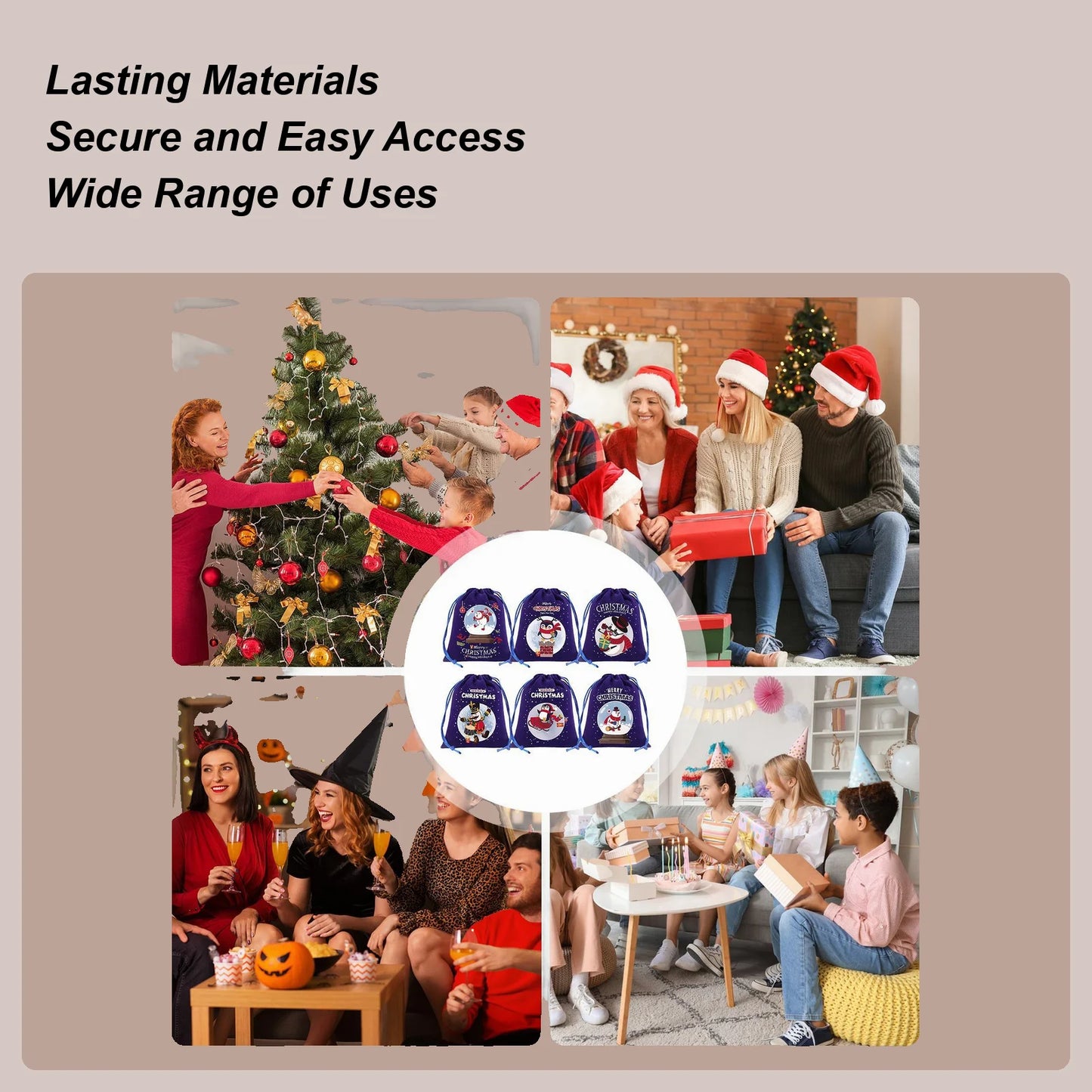 Christmas Drawstring Gift Bags – 6-Piece Reusable Flannel Pouches