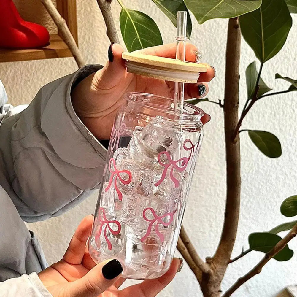 Pink Bow Transparent Plastic Tumbler with Straw | Hot & Cold