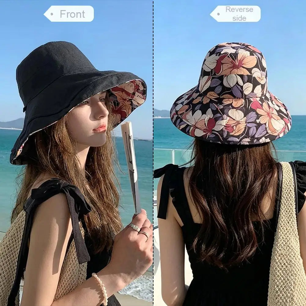 Double-Sided Printed Sun Hat Dual-Style Reversible Wear Sun Protection Windproof Rope Flower Print Wide Brim Fisherman Hat Women Peaceful Pleasures Health and Wellness